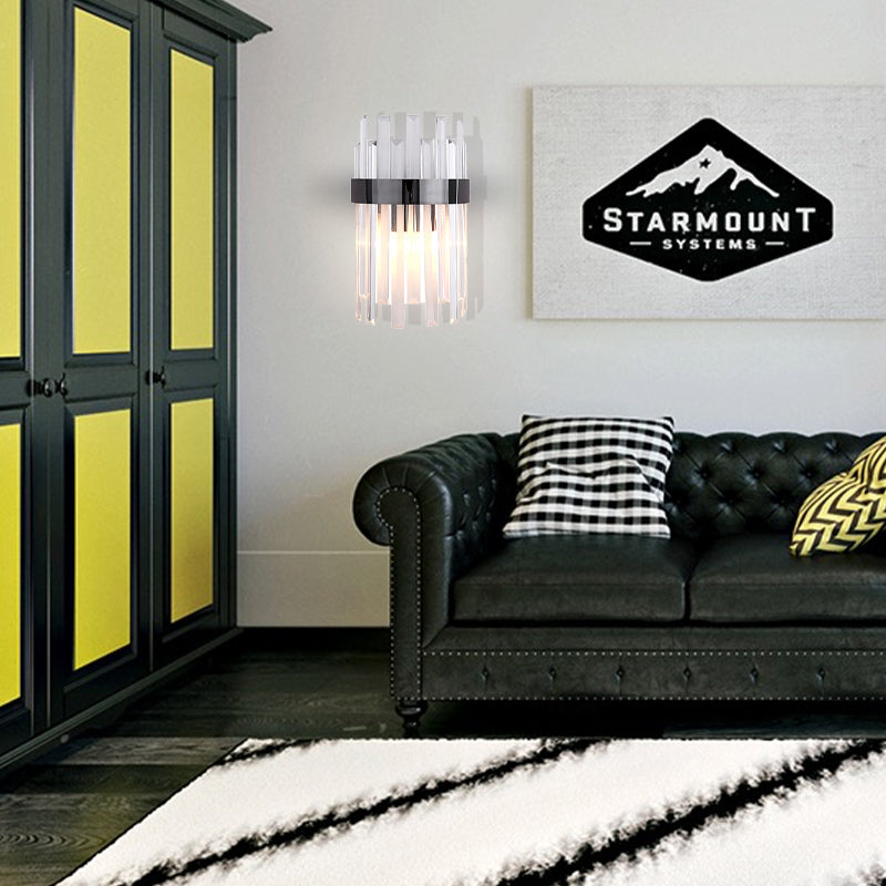 2 Heads Bedroom Wall Light Postmodern Black/Gold Sconce Light Fixture with Half-Cylinder Three Side Crystal Rod Shade