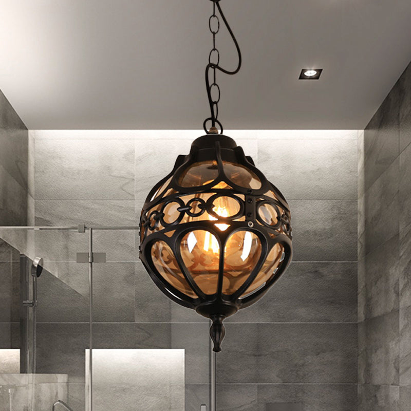 Round Restaurant Hanging Light Farmhouse Amber Glass 1 Light Black/Brass Ceiling Suspension Lamp with Cage