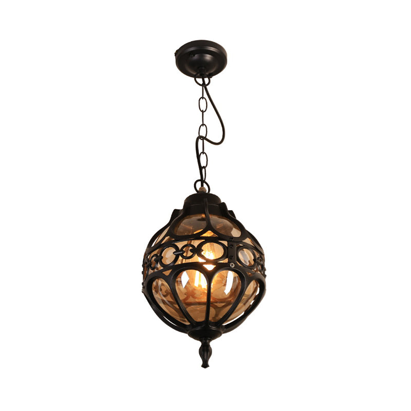 Restaugatura rotonda Hanging Light Farmhouse Amber Glass 1 Lampada a sospensione a soffitto nero/ottone con gabbia