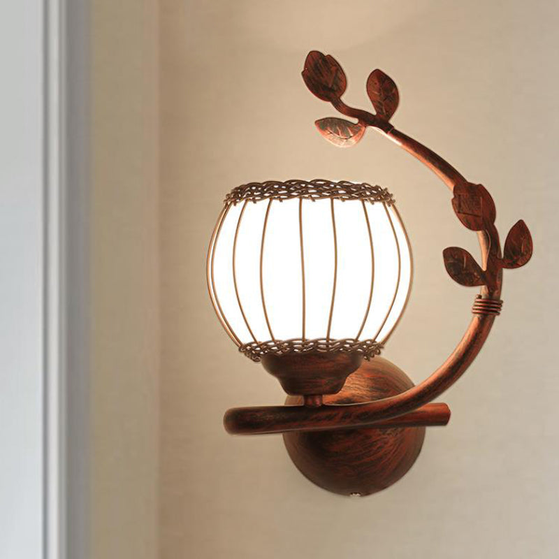 1 Light Bedroom Wall Mounted Lamp Rustic Dark Wood Sconce Light with Globe Milky Glass Shade, Right/Left