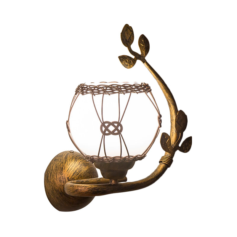 Opale Glass Rust Sconce lampe à bulles à 1 Light Light Vintage Mall Mount Éclairage pour salle à manger avec feuilles de fer Déco