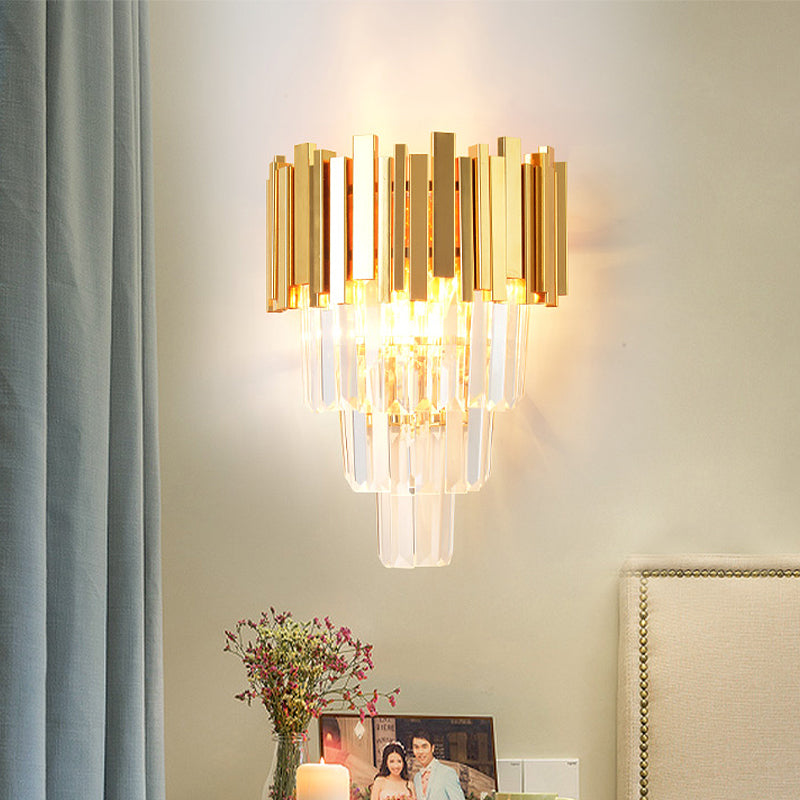 4 Layers Wall Light Fixture Postmodern Tri-Sided Crystal Rod 2 Heads Gold Sconce Light