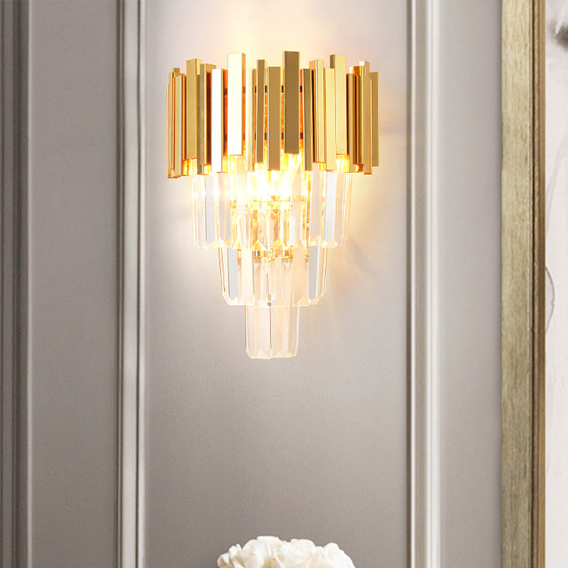 4 Layers Wall Light Fixture Postmodern Tri-Sided Crystal Rod 2 Heads Gold Sconce Light