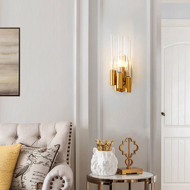 Gold Tube Wall Mount Light Nordic 1 Head Clear Glass Sconce Light Fixture for Living Room