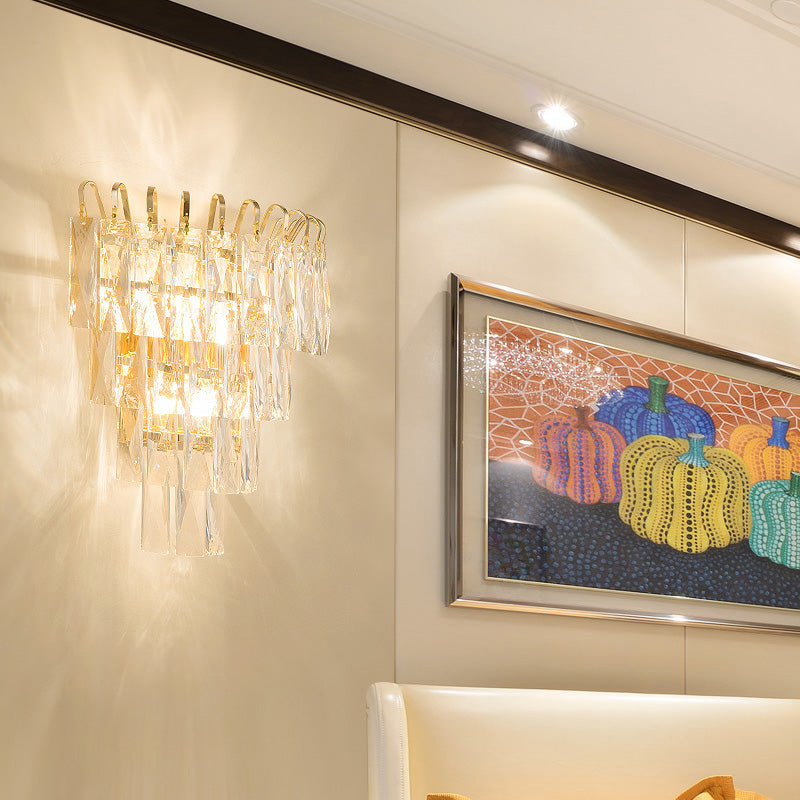 4 Tiers Wall Light Fixture Modern Rectangle-Cut Crystal 3 Heads Gold Sconce Light for Living Room
