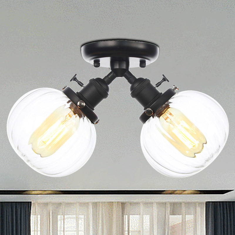 Amber/Clear Glass Ball Semi Flush Light Industrial Style Style 2 Heads Black/Bronze Affermazione per il ristorante