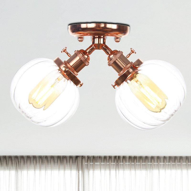 Amber/Clear Glass Ball Semi Flush Light Industrial Style Style 2 Heads Black/Bronze Affermazione per il ristorante