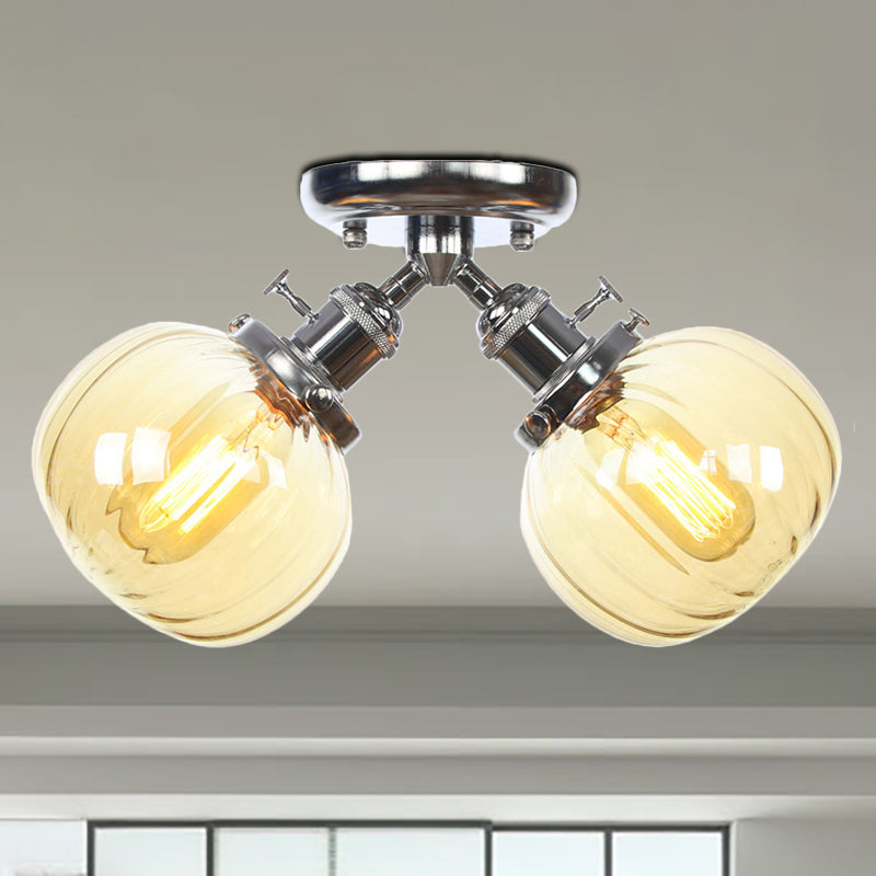 Amber/Clear Glass Ball Semi Flush Light Industrial Style Style 2 Heads Black/Bronze Affermazione per il ristorante
