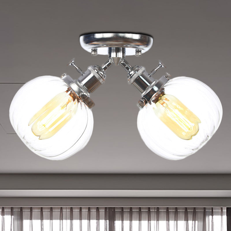 Amber/Clear Glass Ball Semi Flush Light Industrial Style Style 2 Heads Black/Bronze Affermazione per il ristorante