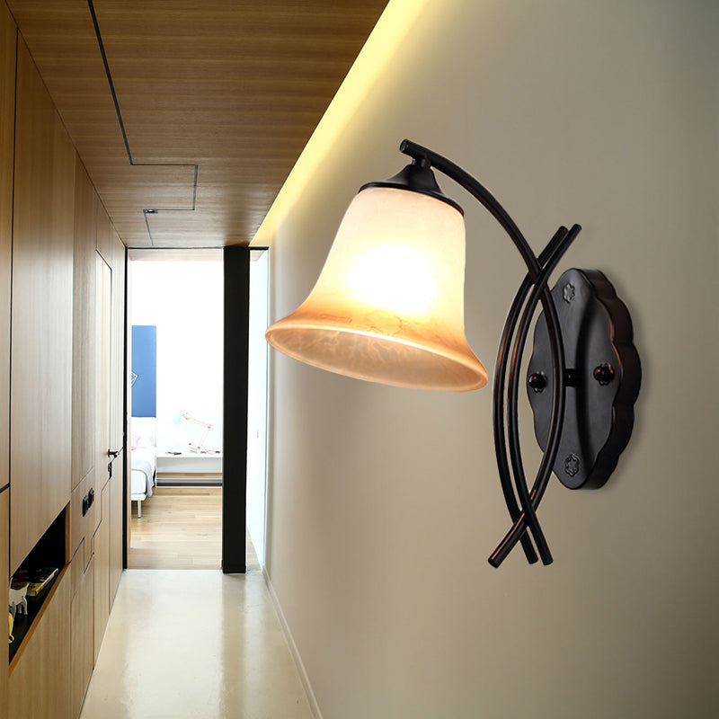1 Light Milky Glass Wall Lamp Rustic Black Bell Shape Living Room Sconce Light Fixture