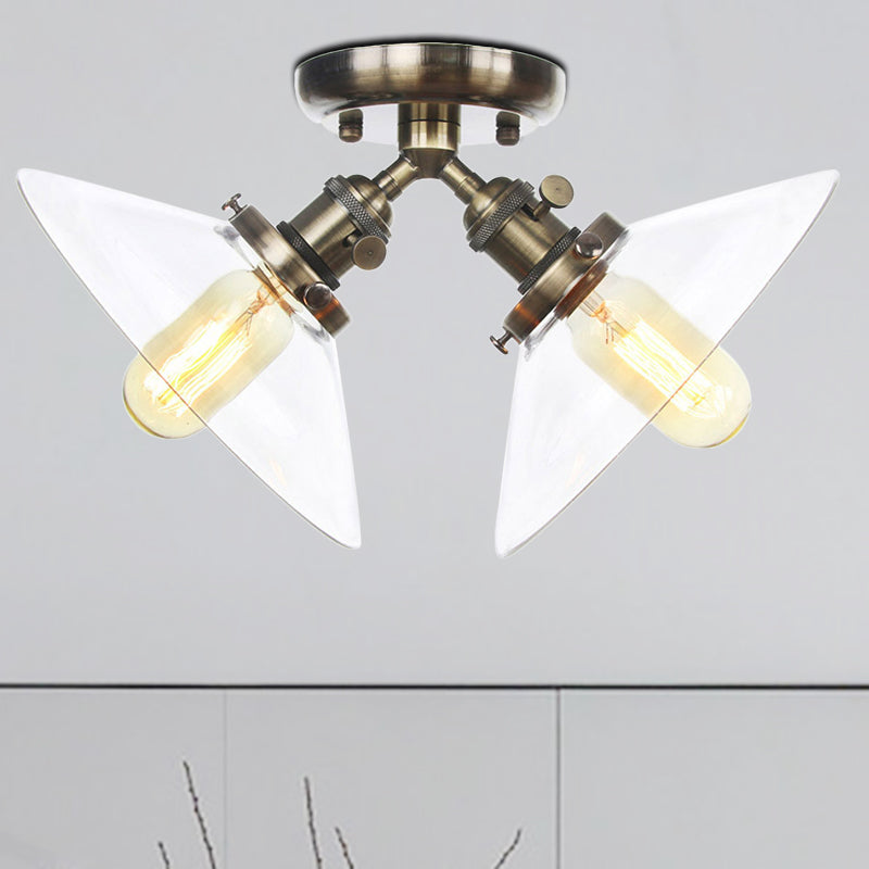 Lámpara cónica semi empotrada para restaurante, cristal transparente, 2 luces, montaje empotrado en techo, estilo Industrial, en negro/bronce