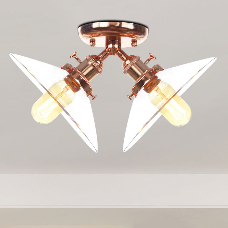 Lámpara cónica semi empotrada para restaurante, cristal transparente, 2 luces, montaje empotrado en techo, estilo Industrial, en negro/bronce