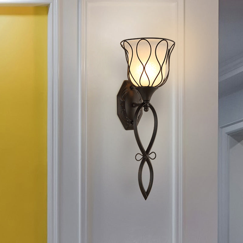 1 Light Metal Wall Lamp Rustic Black Bell Corridor Sconce Light Fixture with Opal Glass Shade