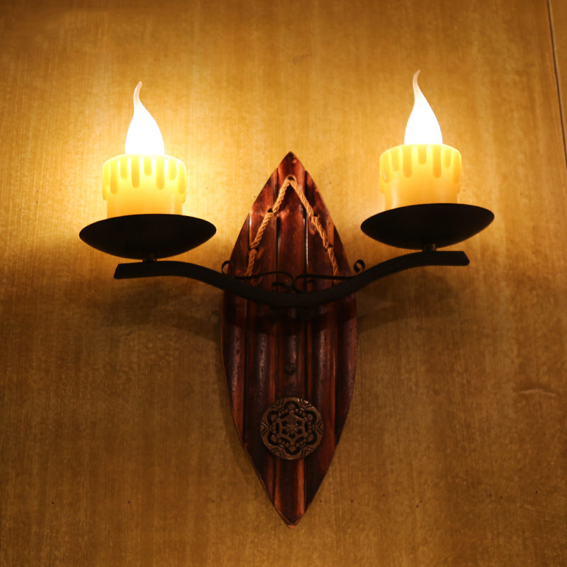 2 Lights Candle Wall Lamp Vintage Yellow Resin Sconce Light Fixture with Wood Backplate