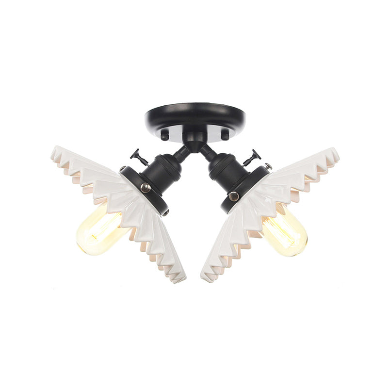 2 Bulbs Restaurant Ceiling Lighting Warehouse Style Black/Bronze Semi Flush Mount Light with Scalloped Milk Glass Shade
