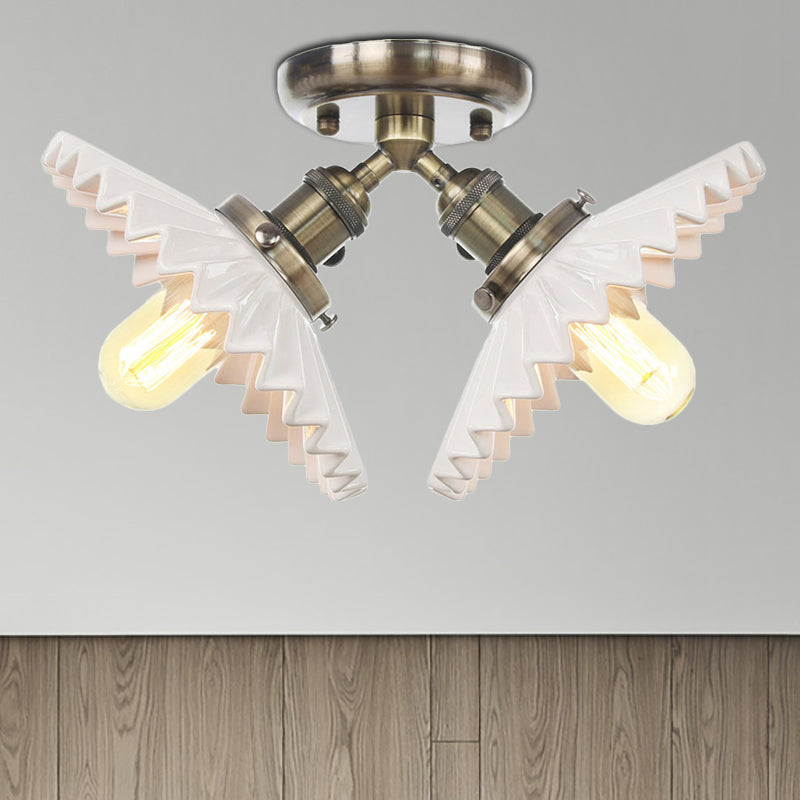 2 Bulbs Restaurant Ceiling Lighting Warehouse Style Black/Bronze Semi Flush Mount Light with Scalloped Milk Glass Shade