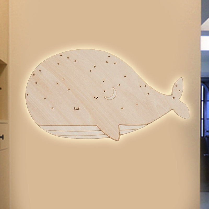 Nursing Room Oval Whales Wall Sconce Wood Animal Beige Wall Lamp in Warm