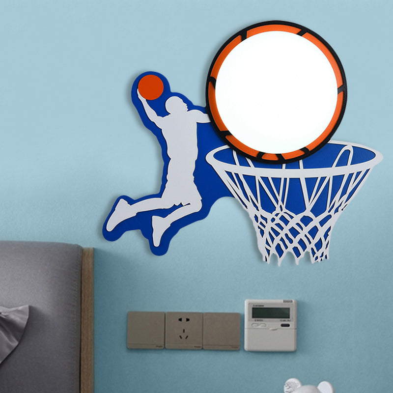 Wood Basketball Hoop Wall Light Sport Theme Sconce Light in Blue for Boys Bedroom Stairway