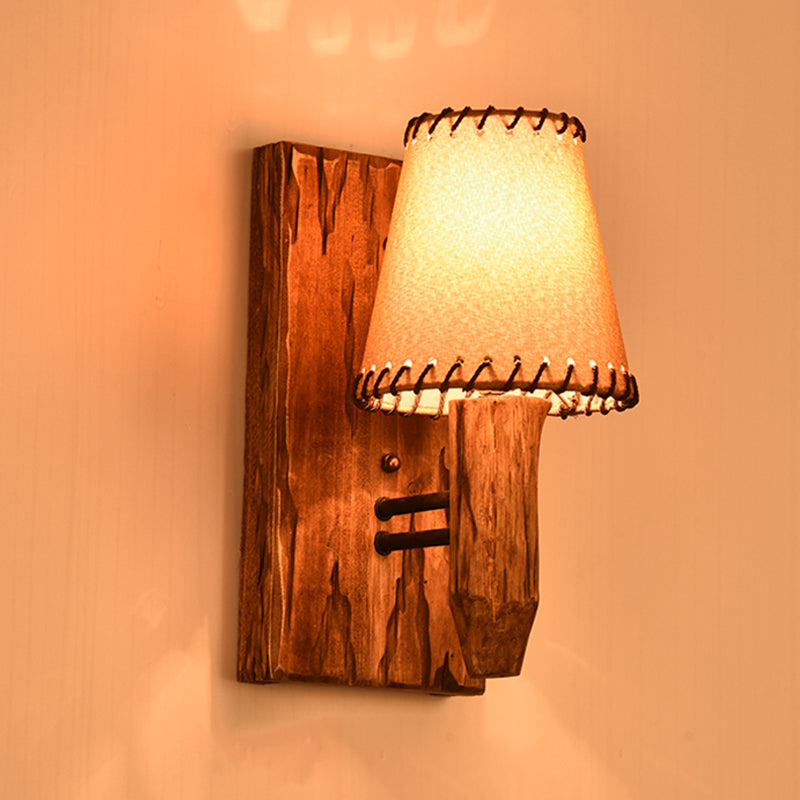 Vintage Tapered Sconce Light 1/2 Lights Fabric Wall Mounted Lighting in Wood for Dining Room