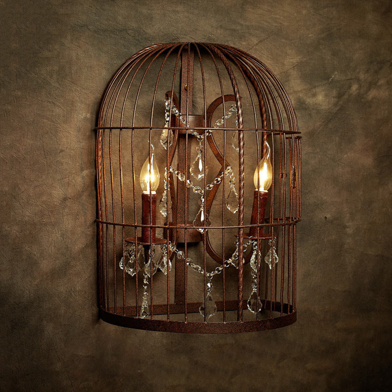 Rust 2-Light Sconce Light Country Metal Birdcage Wall Lighting Fixture for Living Room with Crystal Drop