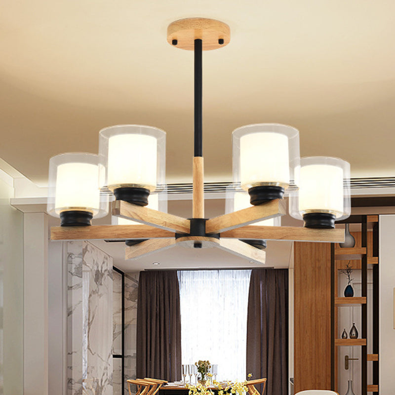 Cylinder Chandelier Lighting Fixtures Modern White Glass Suspension Light With Wooden Stand for Living Room