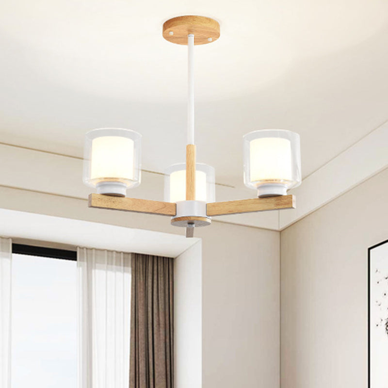 Cylinder Chandelier Lighting Fixtures Modern White Glass Suspension Light With Wooden Stand for Living Room