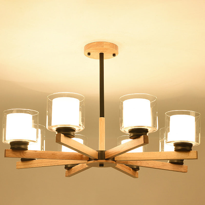 Cylinder Chandelier Lighting Fixtures Modern White Glass Suspension Light With Wooden Stand for Living Room
