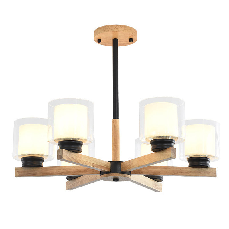 Cylinder Chandelier Lighting Fixtures Modern White Glass Suspension Light With Wooden Stand for Living Room