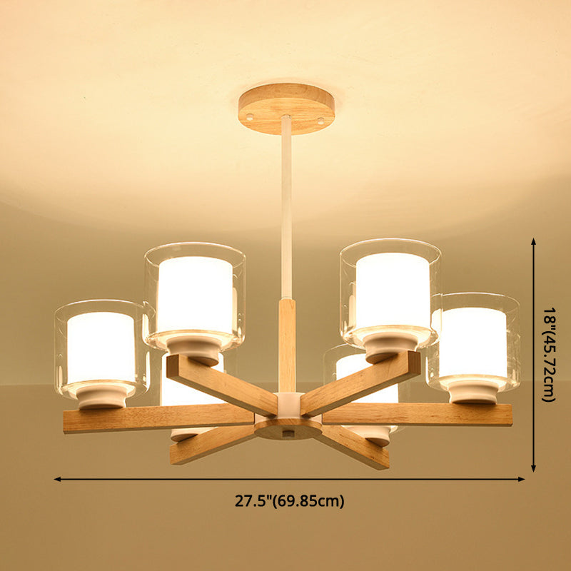 Cylinder Chandelier Lighting Fixtures Modern White Glass Suspension Light With Wooden Stand for Living Room