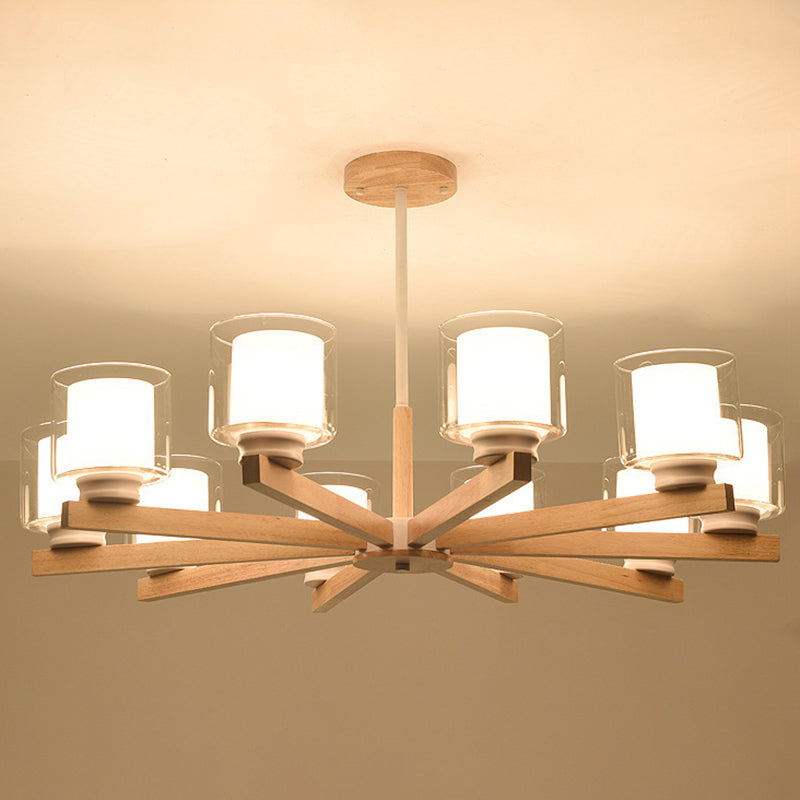 Cylinder Chandelier Lighting Fixtures Modern White Glass Suspension Light With Wooden Stand for Living Room