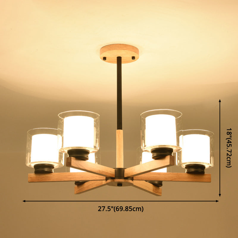 Cylinder Chandelier Lighting Fixtures Modern White Glass Suspension Light With Wooden Stand for Living Room
