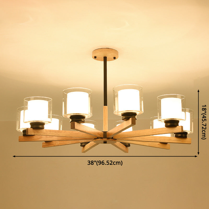 Cylinder Chandelier Lighting Fixtures Modern White Glass Suspension Light With Wooden Stand for Living Room