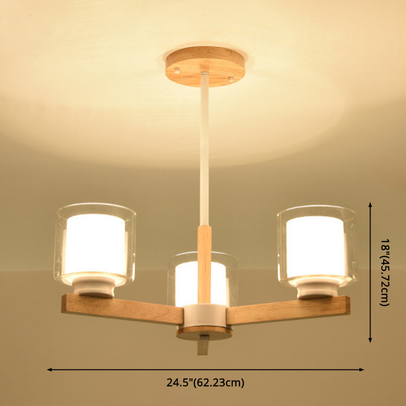 Cylinder Chandelier Lighting Fixtures Modern White Glass Suspension Light With Wooden Stand for Living Room