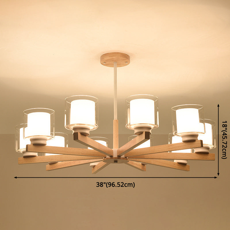 Cylinder Chandelier Lighting Fixtures Modern White Glass Suspension Light With Wooden Stand for Living Room