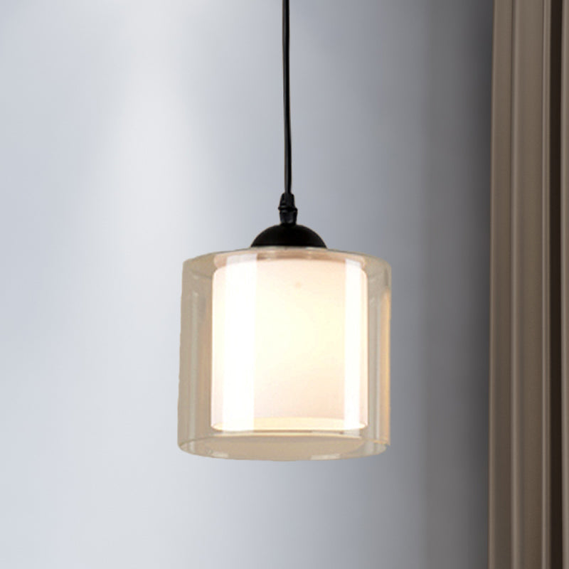 Cylinder White Glass Hanging Light Contemporary 1 Head Pendant Lighting Fixture for Dining Room