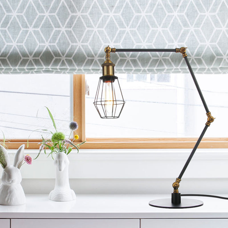 Wire Frame Table Lighting Industrial Style Metal 1 Light Black/Brass Finish Table Lamp with Adjustable Arm