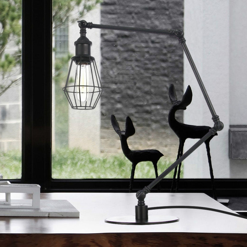 Wire Frame Table Lighting Industrial Style Metal 1 Light Black/Brass Finish Table Lamp with Adjustable Arm