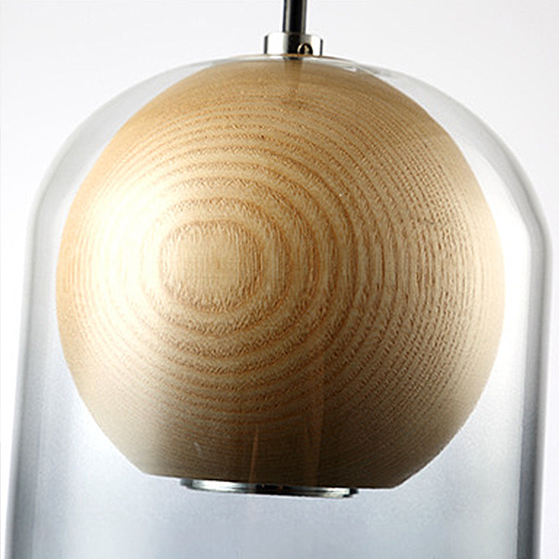 Cilindro Cilindro de lámpara de luz de humo moderno de vidrio gris comedor colgando con sombra de madera de globo en el interior