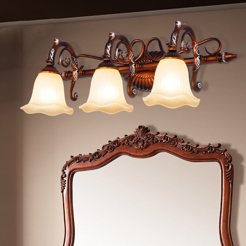 Flared Bathroom Vanity Lamp Traditional Frosted Glass 1/2/3 Lights Copper Sconce Light Fixture