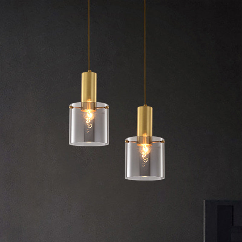 Cylinder Pendant Light Modern Clear Glass 1 Head Brass Hanging Ceiling Light for Dining Room