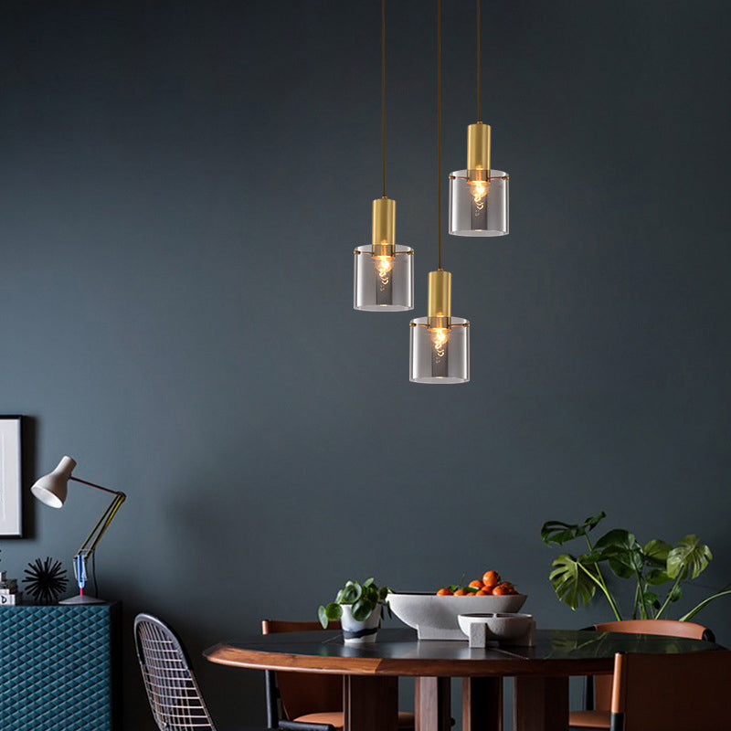 Cylinder Pendant Light Modern Clear Glass 1 Head Brass Hanging Ceiling Light for Dining Room
