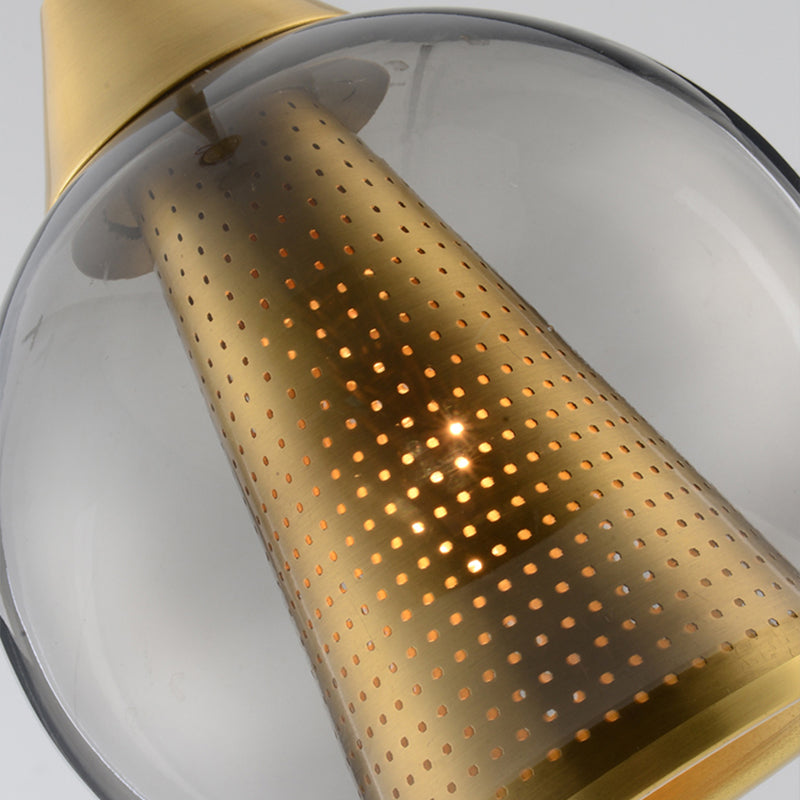 Sphere Pendant Ceiling Light Modern Smoke Gray Glass 1 Head Dining Room Hanging Lamp with Gold Cone Metal Shade Inside