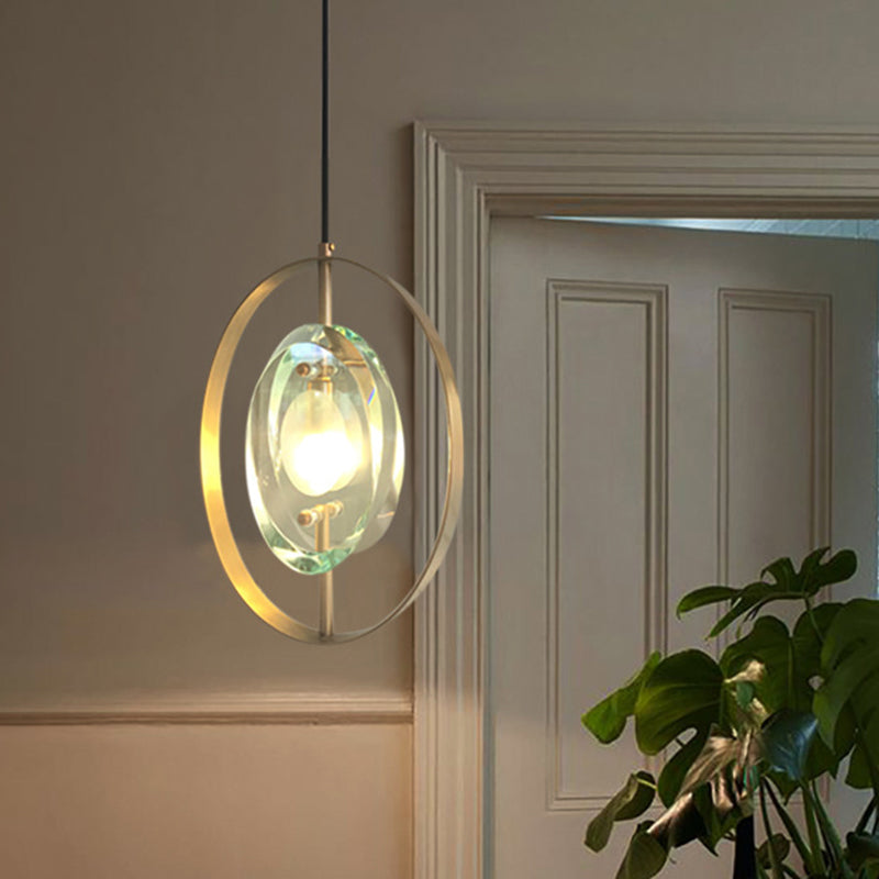 Gold Oval Frame Pendant Ceiling Light Contemporary 1 Head Metal Hanging Light Fixture with Clear Crystal Shade