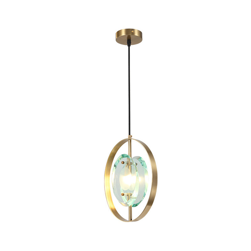 Gold Oval Frame Pendant Ceiling Light Contemporary 1 Head Metal Hanging Light Fixture with Clear Crystal Shade