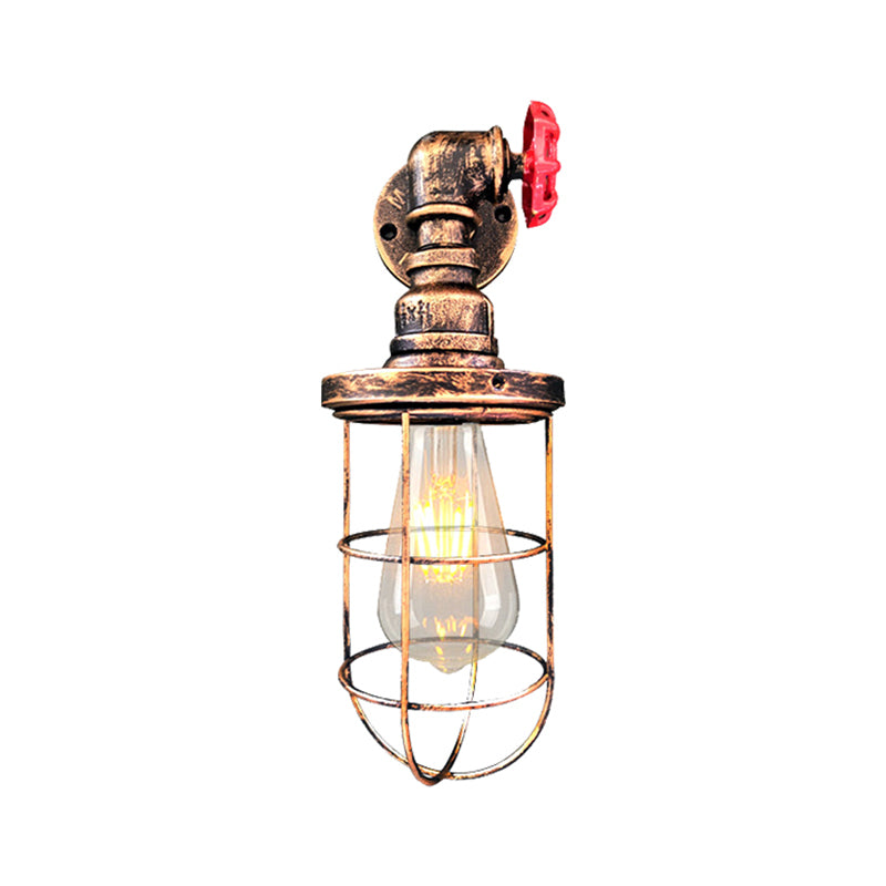 Wire Frame Corridor Wall Sconce Iron 1 Head Farmhouse Wall Lighting Fixture with Red Valve Design in Antique Brass/Black