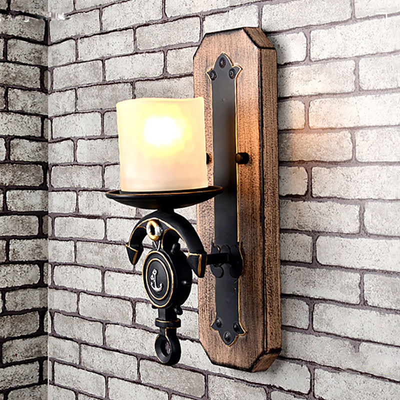 Candle Wall Lamp Country Style Opal Glass 1/2-Bulb Black and Gold Sconce Light with Resin Anchor Design