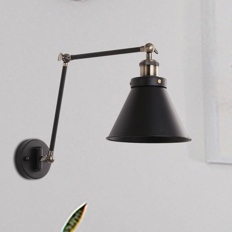 Cone Wall Lighting Fixture Industrial Style Metal 1 Bulb Black/White Wall Sconce Light with Swing Arm for Bedroom
