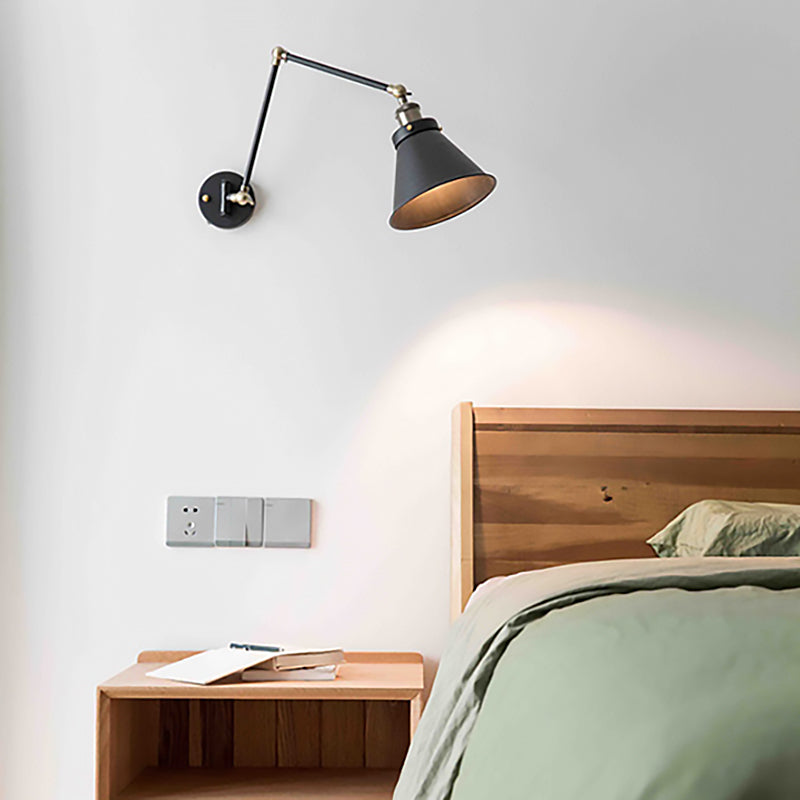 Cone Wall Lighting Fixture Industrial Style Metal 1 Bulb Black/White Wall Sconce Light with Swing Arm for Bedroom
