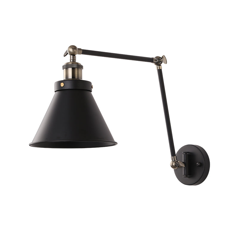 Accesorio de iluminación de la pared de cono metal de estilo industrial 1 bombilla 1 pluminista de pared negro/blanco con brazo oscilante para dormitorio