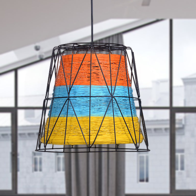 Bucket Ceiling Light Lodge Style Metallic and Rope 1 Light White/Blue-Orange-Yellow Pendant Lamp with Wire Frame